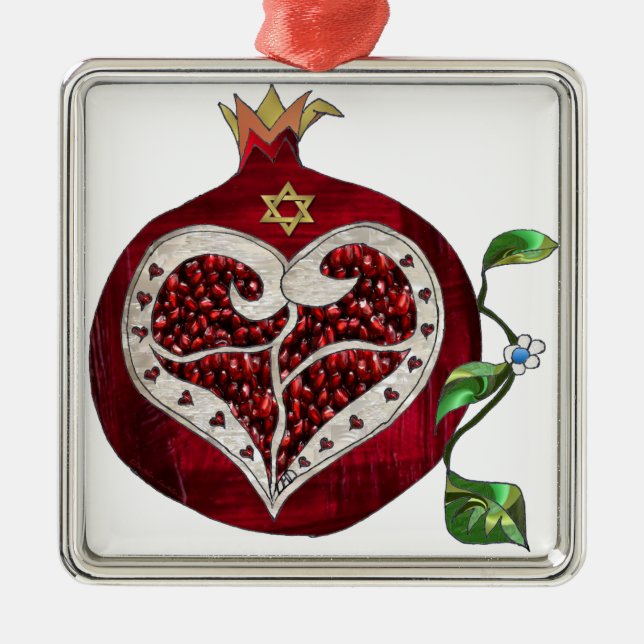 Ornement Carré Argenté Judaica Pomegranate Heart Hanoukka Rosh Hashanah (Devant)