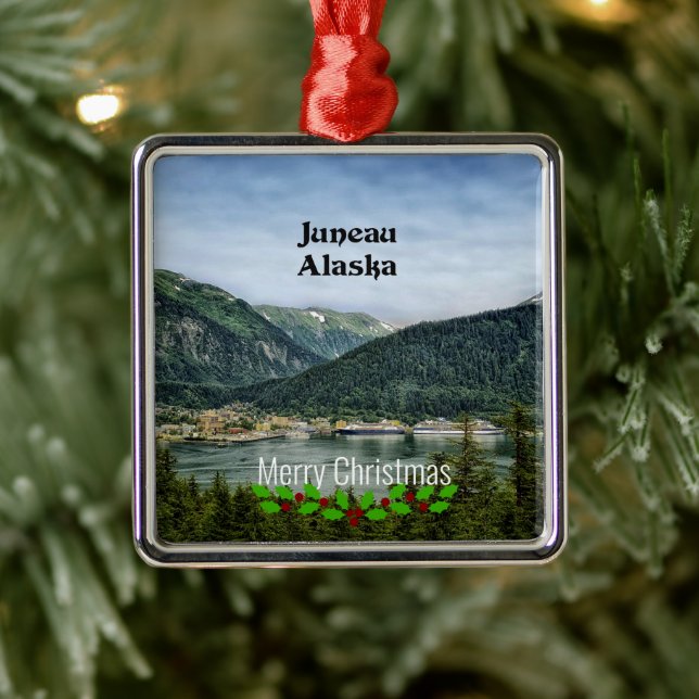 Ornement Carré Argenté Juneau, Alaska-Joyeux Noël (Arbre)