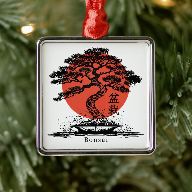 Ornement Carré Argenté Kanji japonais Bonsai Personnalisé (Arbre)