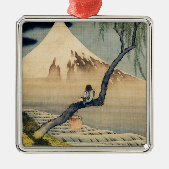 Ornement Carré Argenté Katsushika Hokusai - Garçon regardant le Mont Fuji (Devant)