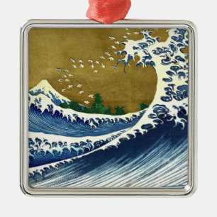 Ornement Carré Argenté Katsushika Hokusai - Grande vague colorée