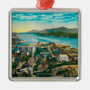Ornement Carré Argenté Ketchikan, vue de ville de l'Alaska - la première