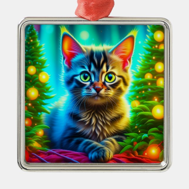 Ornement Carré Argenté Kitten de Noël et arbres de Noël (Devant)