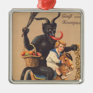 Ornement Carré Argenté Krampus montant un cheval de bois avec un garçon