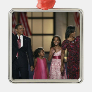 Ornement Carré Argenté la famille de Barak Obama fait signe la dernière n