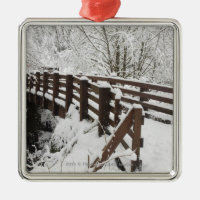 La neige a couvert le pont en bois