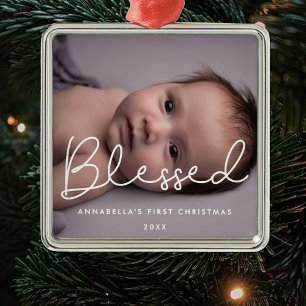 Ornement Carré Argenté La première photo de Noël du bienheureux bébé