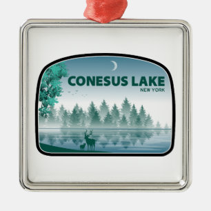 Ornement Carré Argenté Lac Conesus New York Cerf
