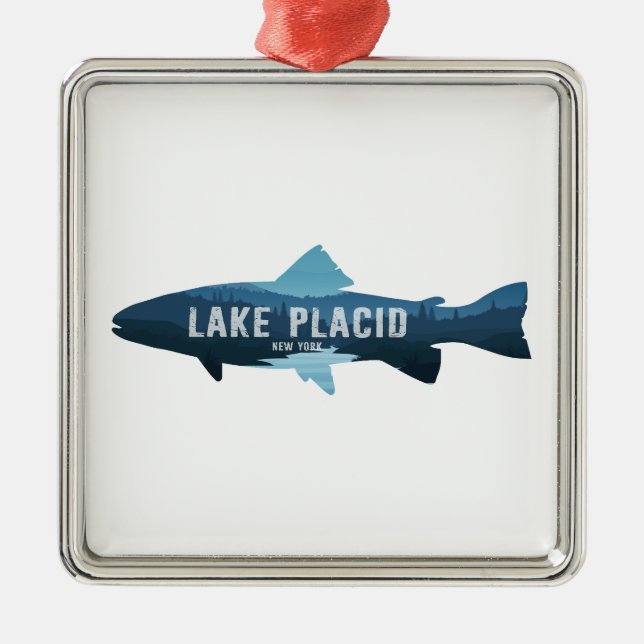 Ornement Carré Argenté Lake Placid New York Fish (Devant)