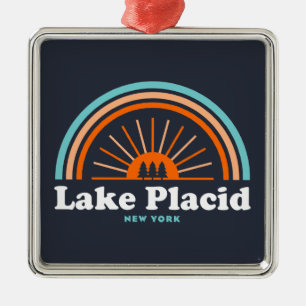 Ornement Carré Argenté Lake Placid New York Rainbow