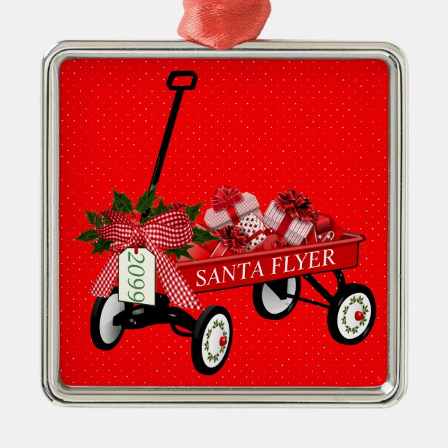 Ornement Carré Argenté L'année Père Noël Flyer Toy Wagon présente Noël (Devant)