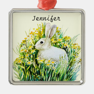 Ornement Carré Argenté Lapin et fleurs jaunes