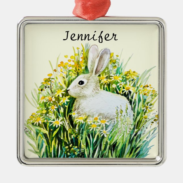 Ornement Carré Argenté Lapin et fleurs jaunes (Devant)