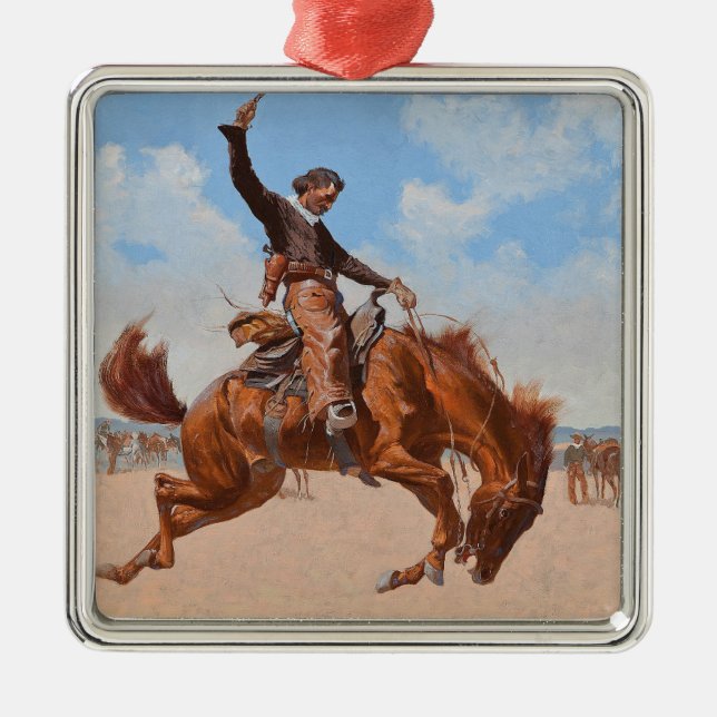 Ornement Carré Argenté Le Bronco Buster (par Frederic Remington) (Devant)