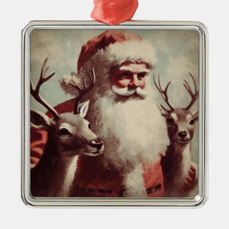 Ornement Carré Argenté Le Père Noël avec Reindeer Illustration Vintage