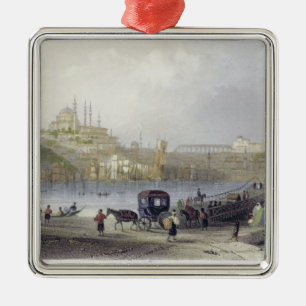 Ornement Carré Argenté Le pont de flottement, Istanbul, gravé par J.C. B