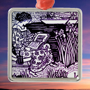 Ornement Carré Argenté Lecture Art Nouveau Femme