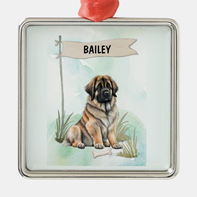 Ornement Carré Argenté Leonberger Watercolor Personalized Dog (Devant)