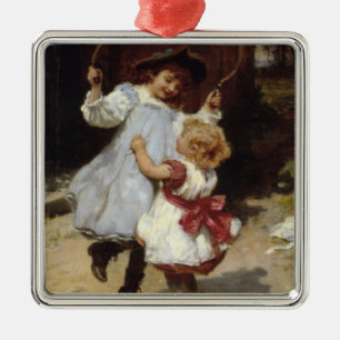 Ornement Carré Argenté Les filles qui sautent avec une corde à sauter