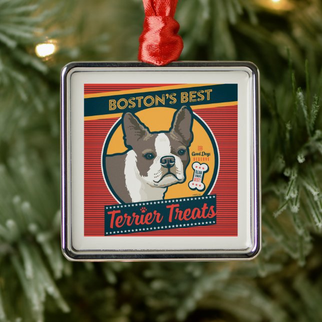 Ornement Carré Argenté Les meilleurs soins Terrier de Boston (Arbre)