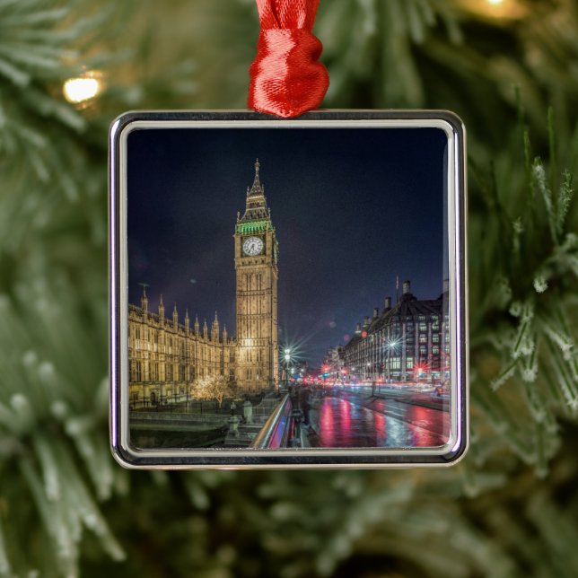 Ornement Carré Argenté Les monuments | Big Ben la nuit (Arbre)