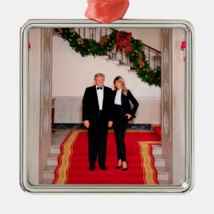 Ornement Carré Argenté Les pas de Noël Président Donald Trump & Melania
