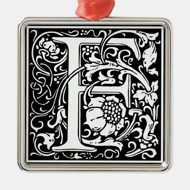 Ornement Carré Argenté Lettre F Monogramme médiéval Art Nouveau (Devant)