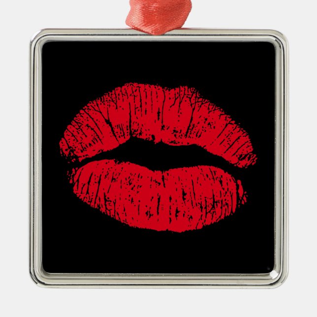 Ornement Carré Argenté Lèvres de baiser rouge sur noir (Devant)
