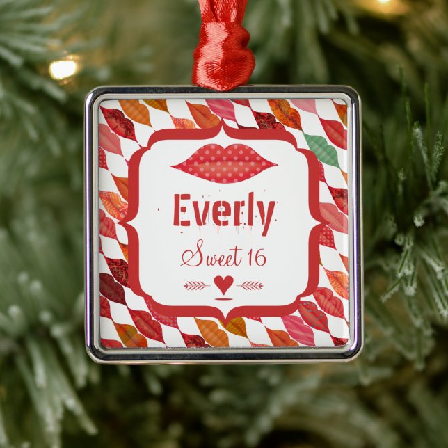Ornement Carré Argenté Lèvres Sweet 16 Vintage Retro (Arbre)