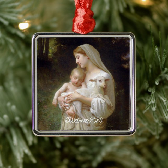 Ornement Carré Argenté L'innocence Mère Marie et Jésus Texte Personnalisé (Arbre)