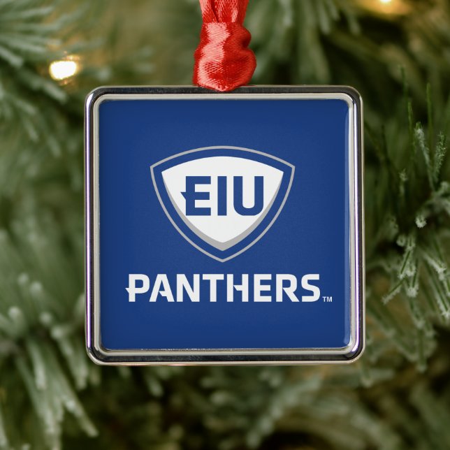 Ornement Carré Argenté Logo Eastern Illinois Panthers Shield & Wordmark (Arbre)