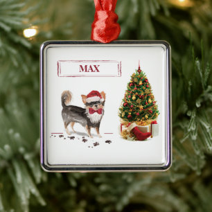 Ornement Carré Argenté Long Haired Chihuahua Funny Christmas Dog Tree