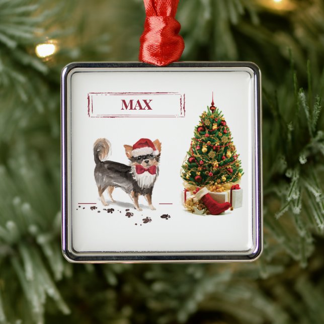 Ornement Carré Argenté Long Haired Chihuahua Funny Christmas Dog Tree (Arbre)