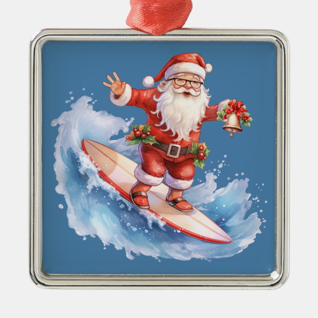 Ornement Carré Argenté L'ornement de surf Père Noël (Devant)
