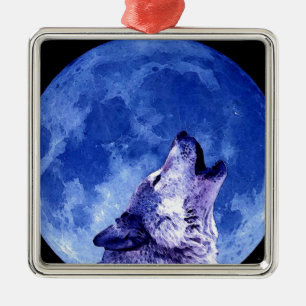 Ornement Carré Argenté Loup hurlant à la lune