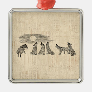 Ornement Carré Argenté Loups hurlant à la lune Vintage Wolf Art