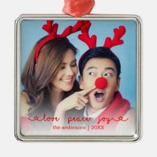 Ornement Carré Argenté Love Peace Joy Photo Jote Red Christmas