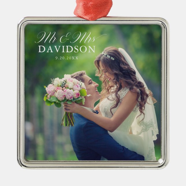 Ornement Carré Argenté M. & Mme Elegant Script Newlywed Christmas (Devant)
