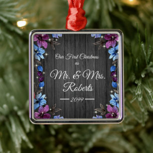 Ornement Carré Argenté M. Newlysée. & Mme First Christmas Rustic Flowers