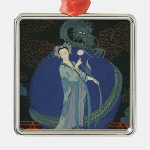 Ornement Carré Argenté Madame avec un dragon (litho de couleur)