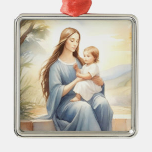 Ornement Carré Argenté Madonna avec l'enfant Jésus