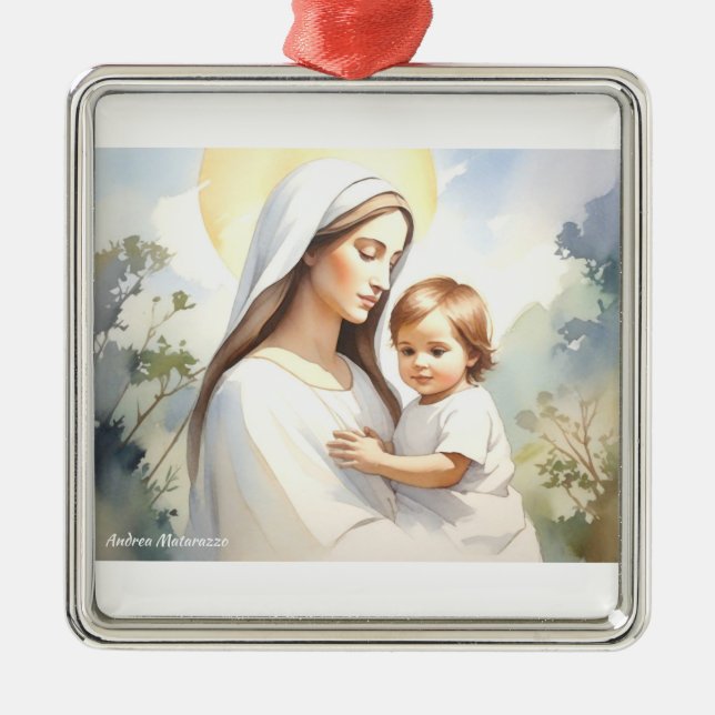 Ornement Carré Argenté Madonna avec l'enfant Jésus (Devant)