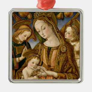 Ornement Carré Argenté Madonna et enfant avec deux anges