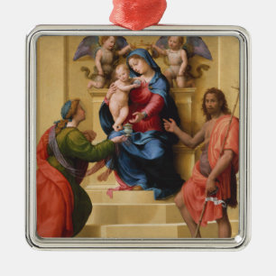 Ornement Carré Argenté Madonna et enfant couronnés avec des saints Mary