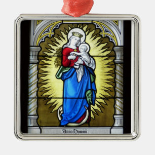 Ornement Carré Argenté Madonna et fenêtre d'église en verre souillé