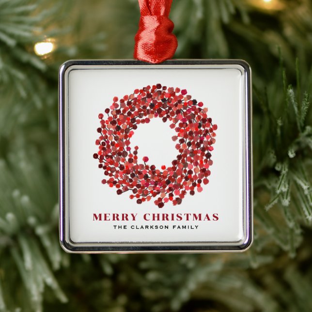 Ornement Carré Argenté Mains peintes rouge Winterberry Wreath Noël (Arbre)