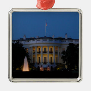 Ornement Carré Argenté Maison Blanche de Noël à la nuit à Washington DC