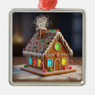 Ornement Carré Argenté Maison en pain d'épice de Noël fantaisiste Ho fe