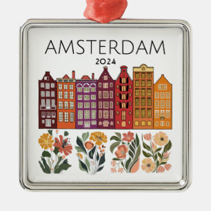 Ornement Carré Argenté Maisons de canal florales d'Amsterdam mignonnes