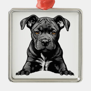 Ornement Carré Argenté Maman Papa Chien Fidele Puppy Pitbull Noir